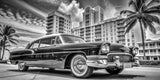 Design file showing detailed black and white vintage car pattern with Miami architecture