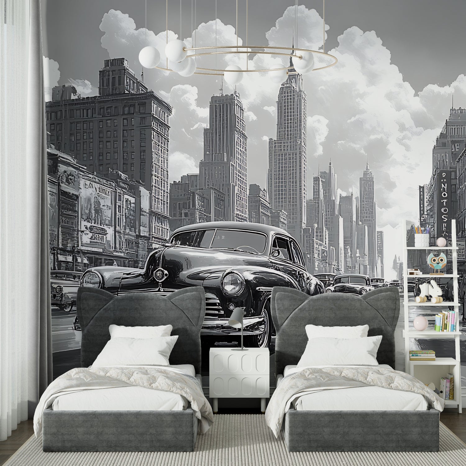 Vintage car wallpaper adding character to a modern living room with black and white New York scene