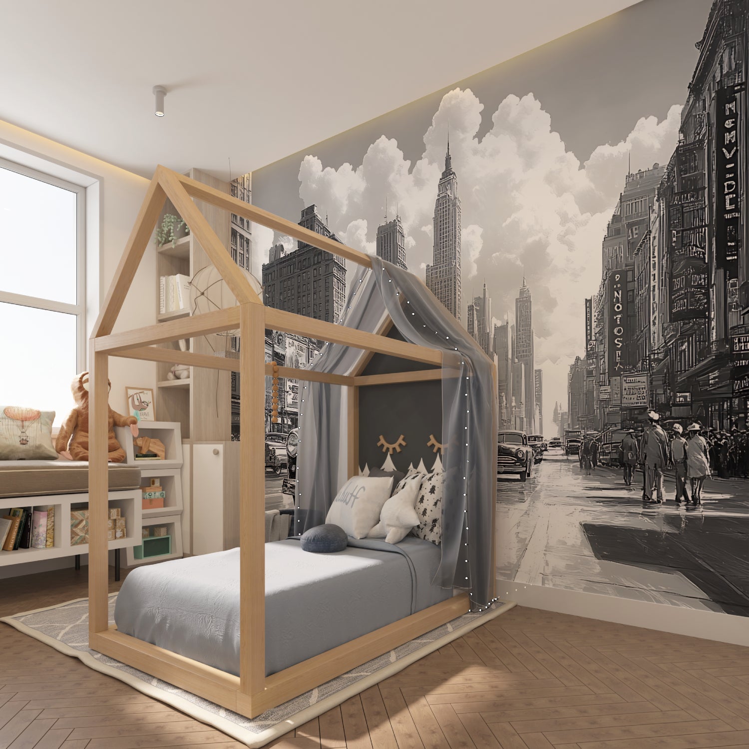 Black and white vintage car mural creating depth in a minimalist dining room