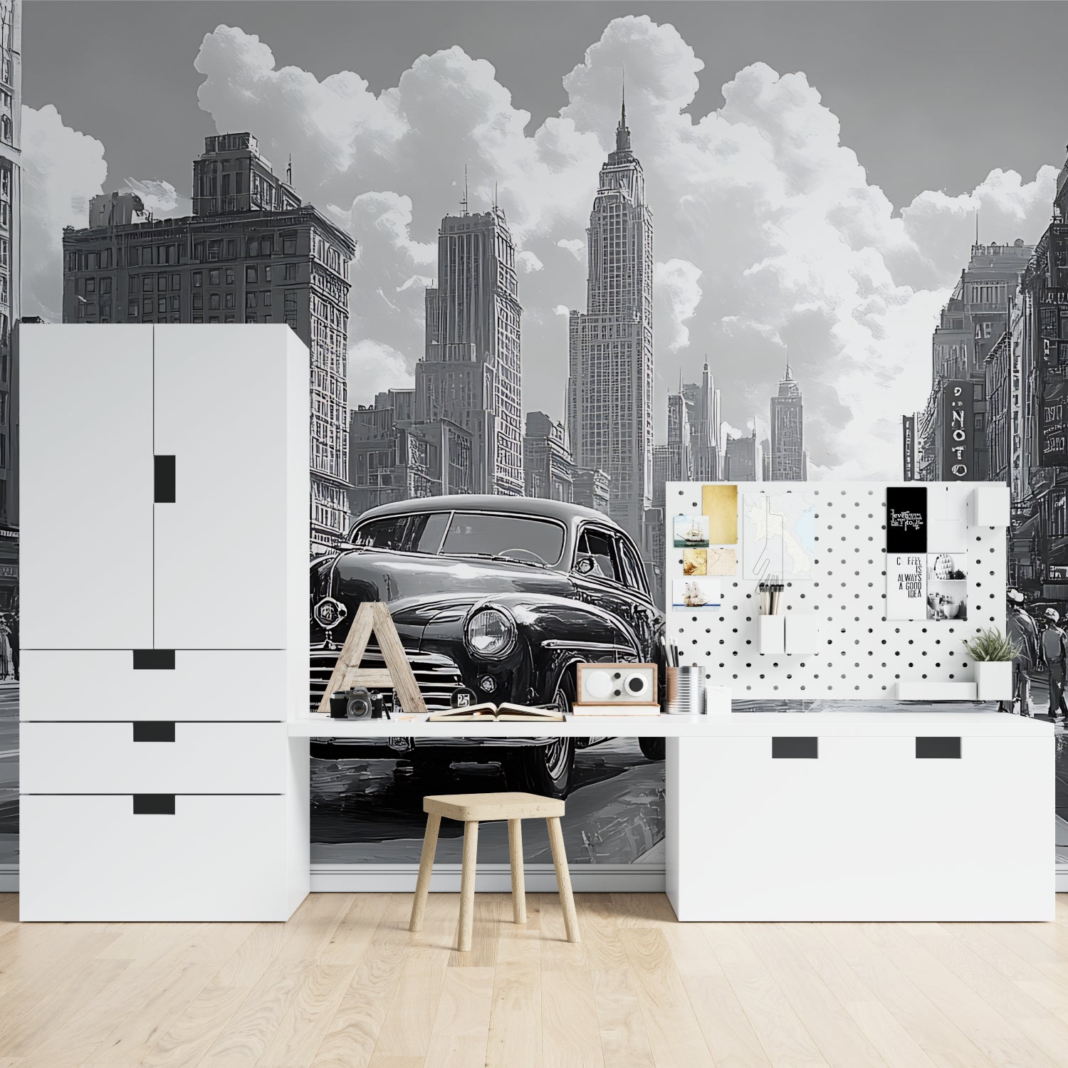 NYC vintage car wallpaper making a statement in a home office setup