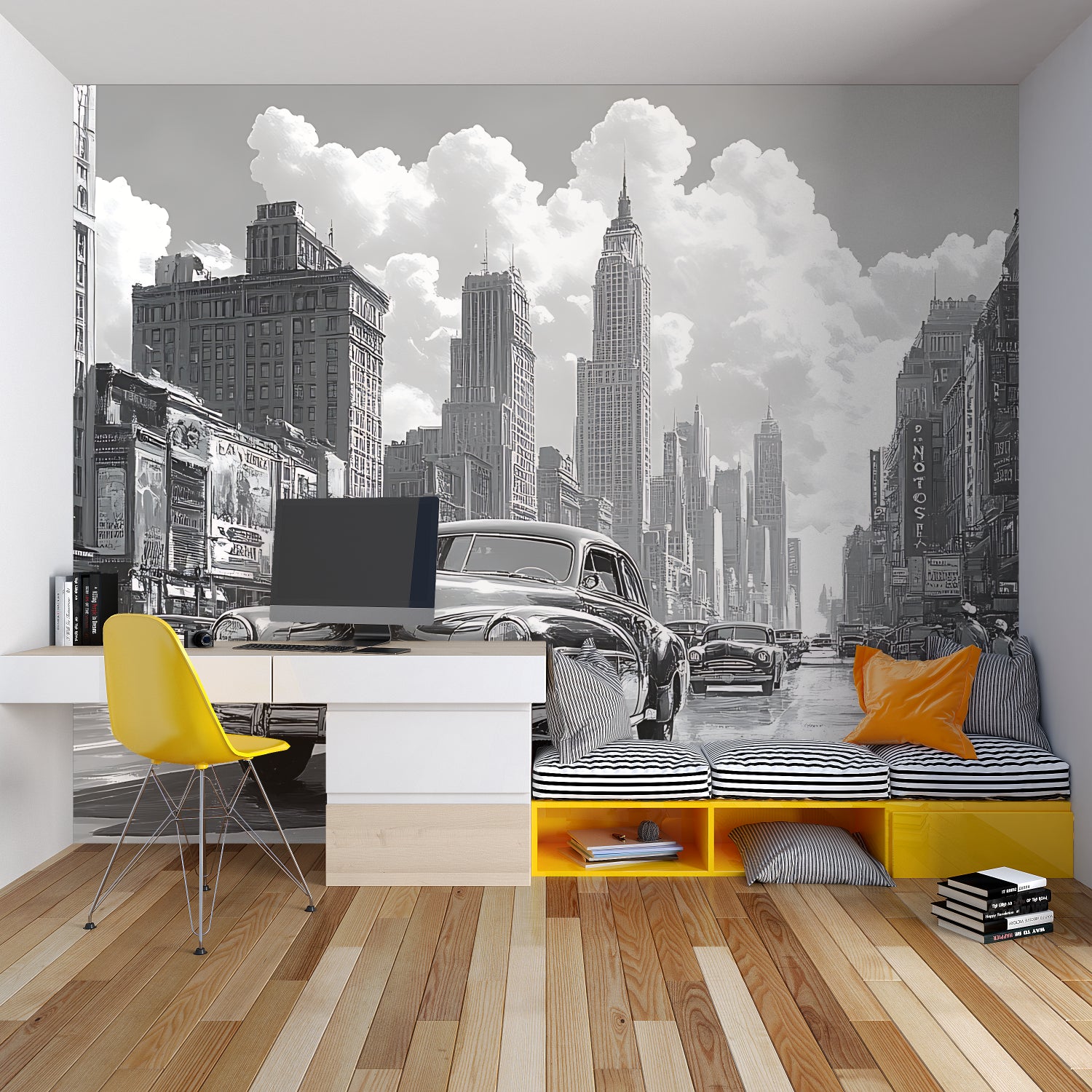 Classic car mural enhancing an industrial-style bedroom with urban vibes