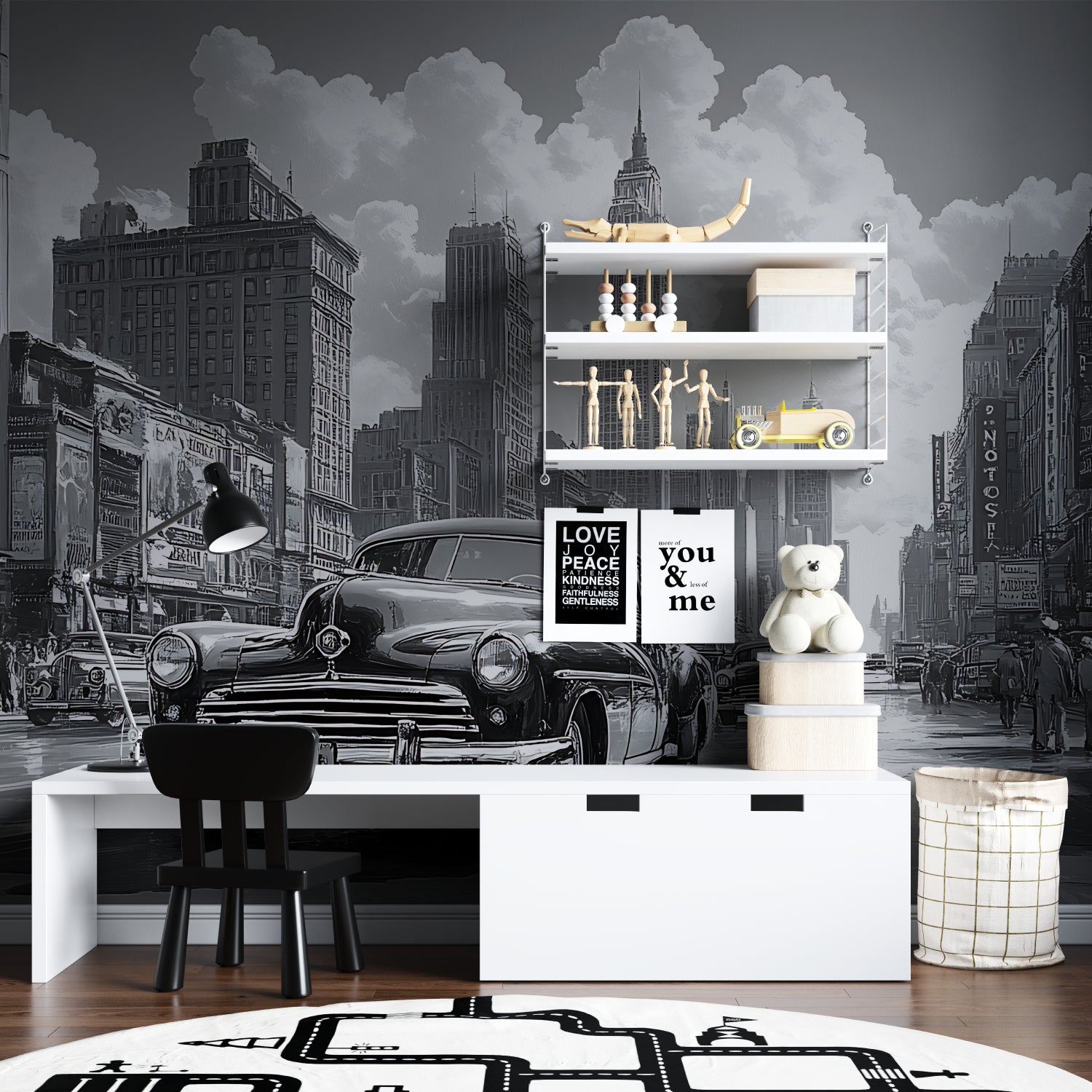 Monochrome vintage car wallpaper bringing elegance to a modern hallway