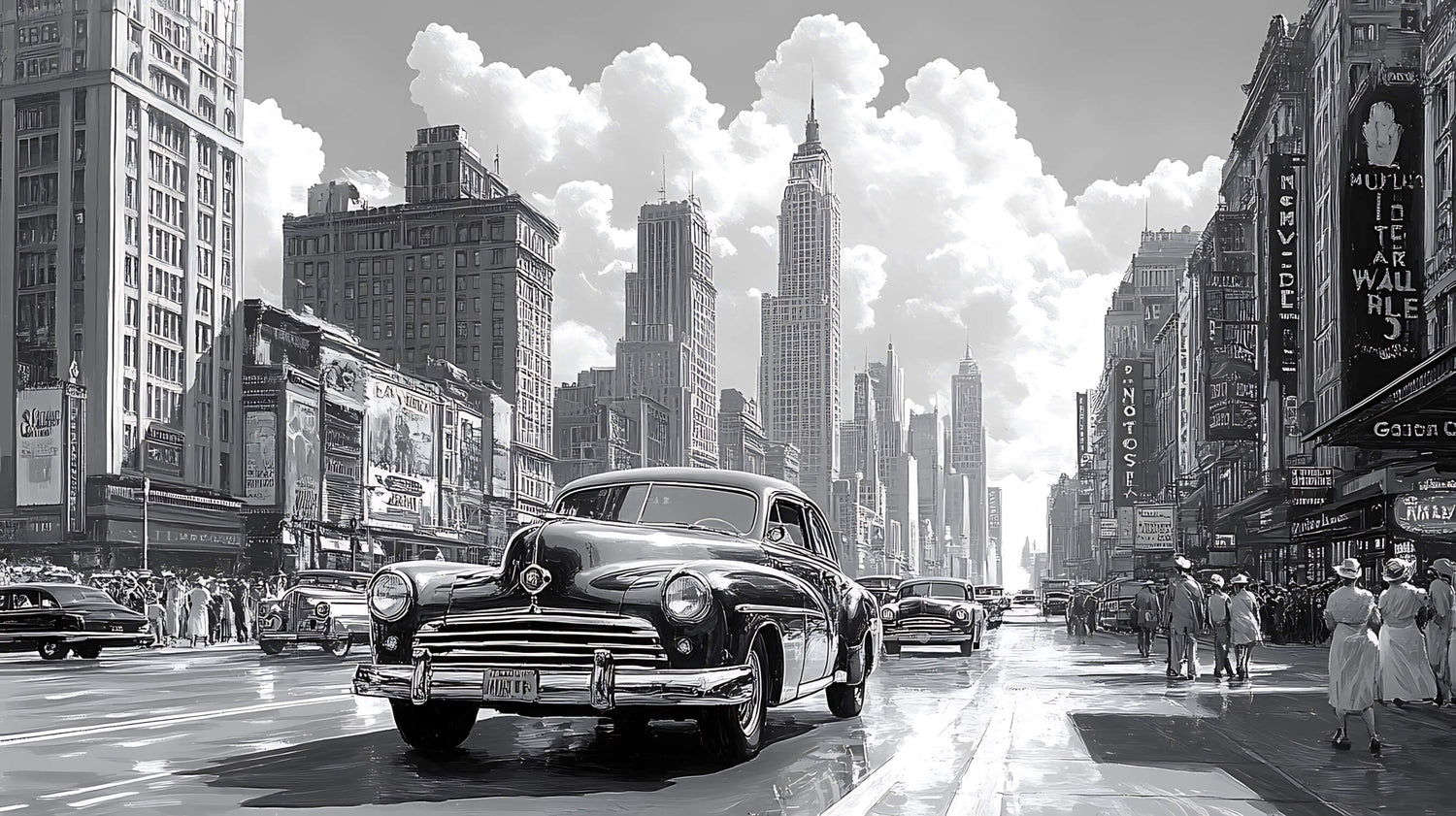 Black and white vintage car design file showing detailed New York cityscape pattern