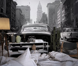 Classic car wall mural in home office creating sophisticated monochrome backdrop