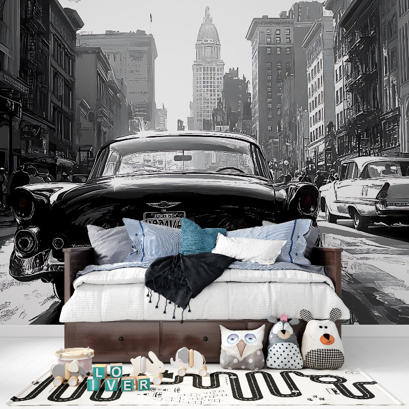 Urban scene wallpaper featuring vintage car in modern bedroom setting