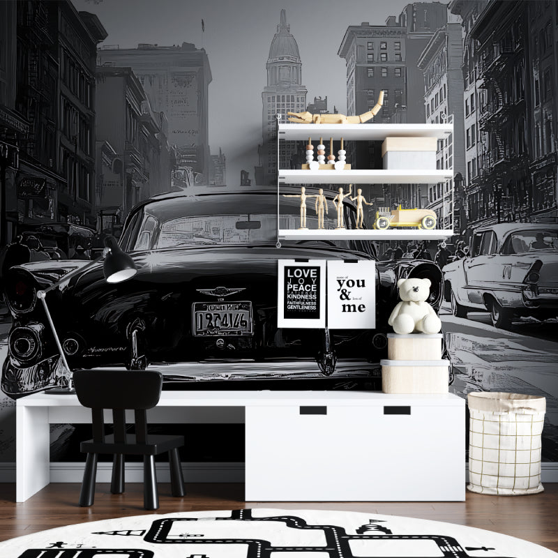 Retro car mural wallpaper installation in contemporary living space