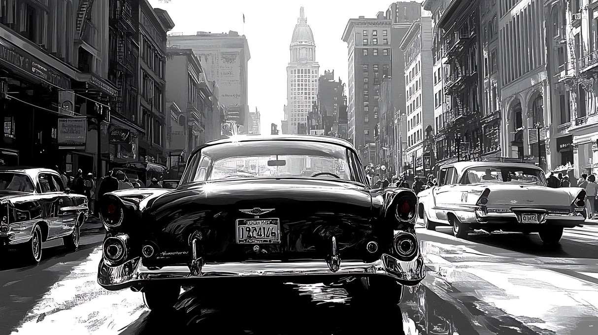 Black and white vintage car wallpaper design file showing detailed urban scene pattern