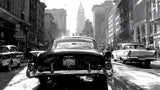 Black and white vintage car wallpaper design file showing detailed urban scene pattern