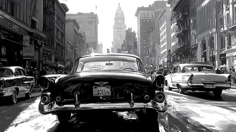 Black and white vintage car wallpaper design file showing detailed urban scene pattern