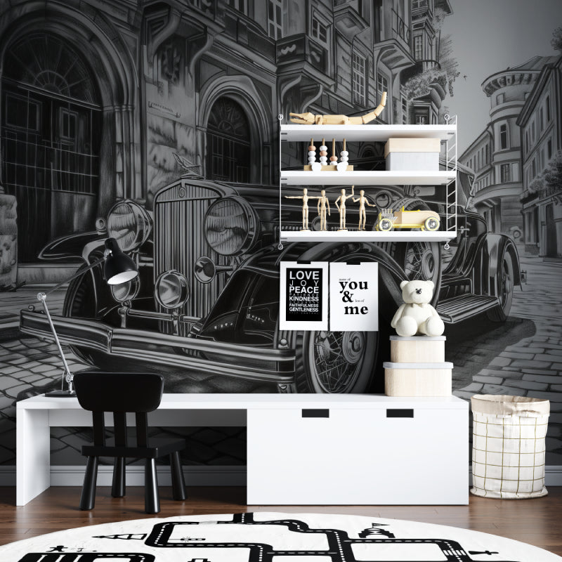 Vintage car wallpaper in modern living room showing classic automobile against urban backdrop