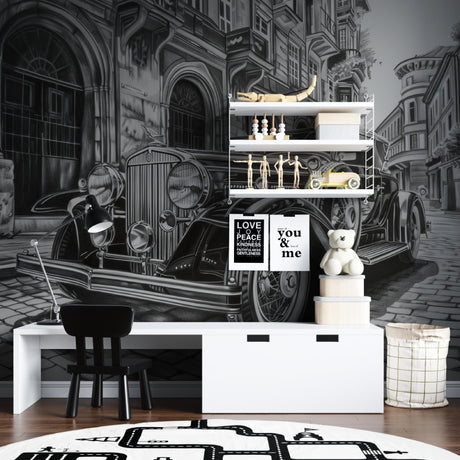Vintage car wallpaper in modern living room showing classic automobile against urban backdrop