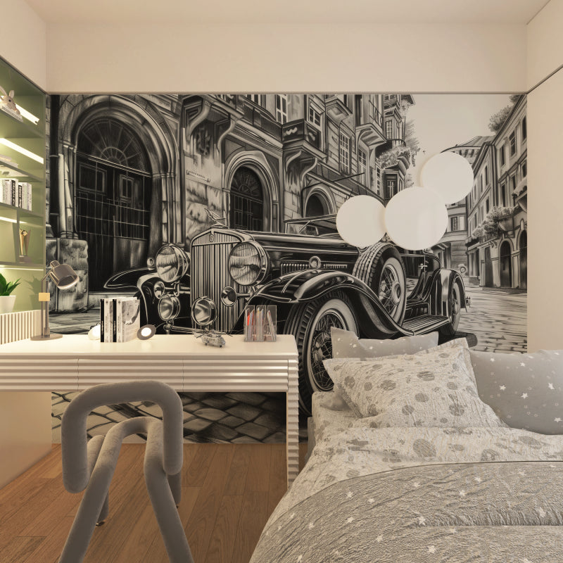 Black and white car mural installed in home office with minimalist furniture