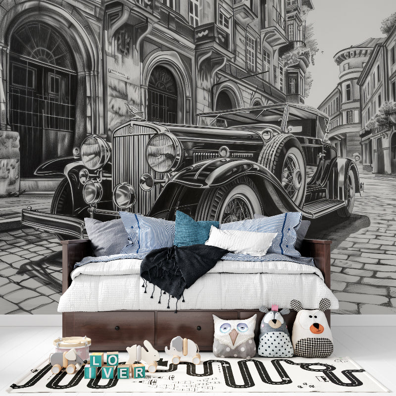 Classic car wall mural creating focal point in dining room setting