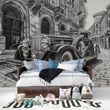 Classic car wall mural creating focal point in dining room setting