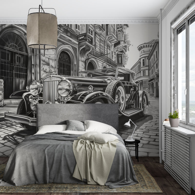 Vintage automobile mural adding character to modern bedroom decor