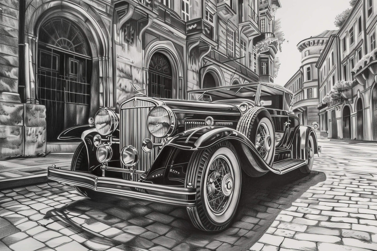 Design file of vintage car wallpaper showing detailed black and white urban composition