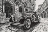 Design file of vintage car wallpaper showing detailed black and white urban composition