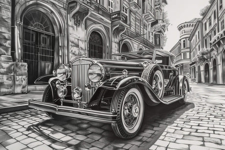 Design file of vintage car wallpaper showing detailed black and white urban composition