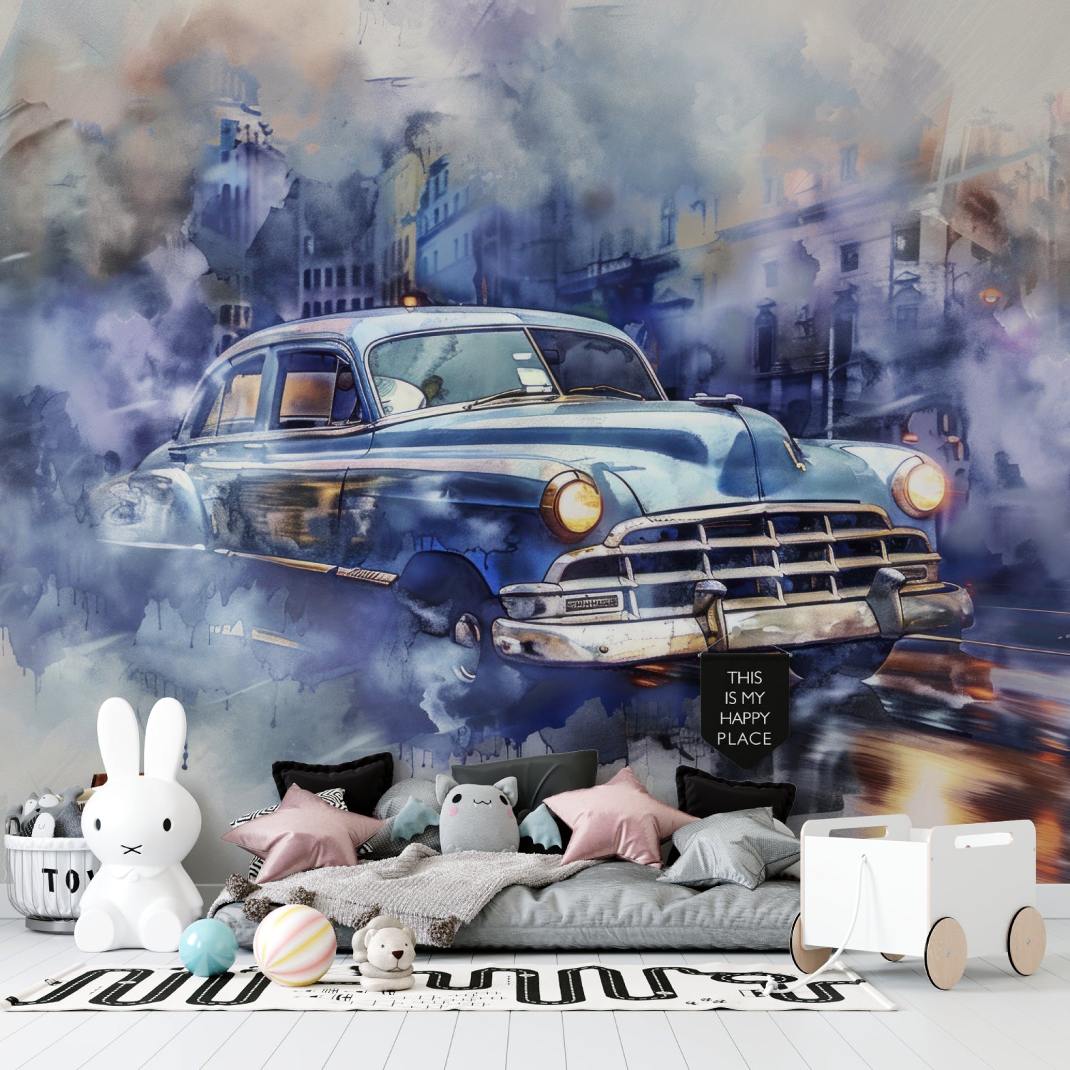 Vintage car wallpaper creating a bold statement in a modern living room with blue watercolor effects