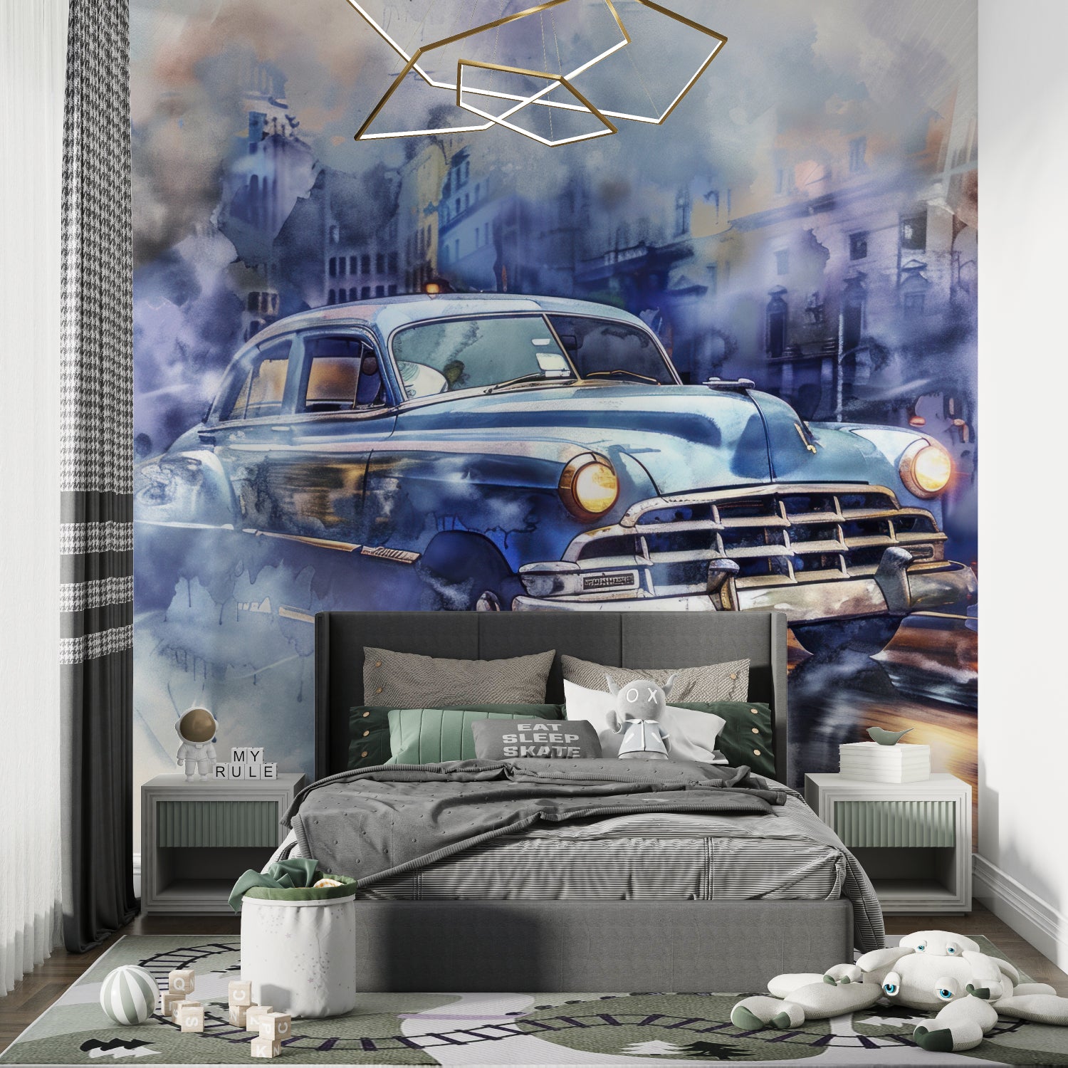 Classic car mural adding character to a home office with moody blue tones