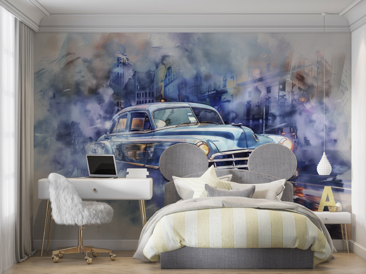 Blue vintage car wallpaper transforming a dining room with artistic flair
