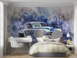 Blue vintage car wallpaper transforming a dining room with artistic flair
