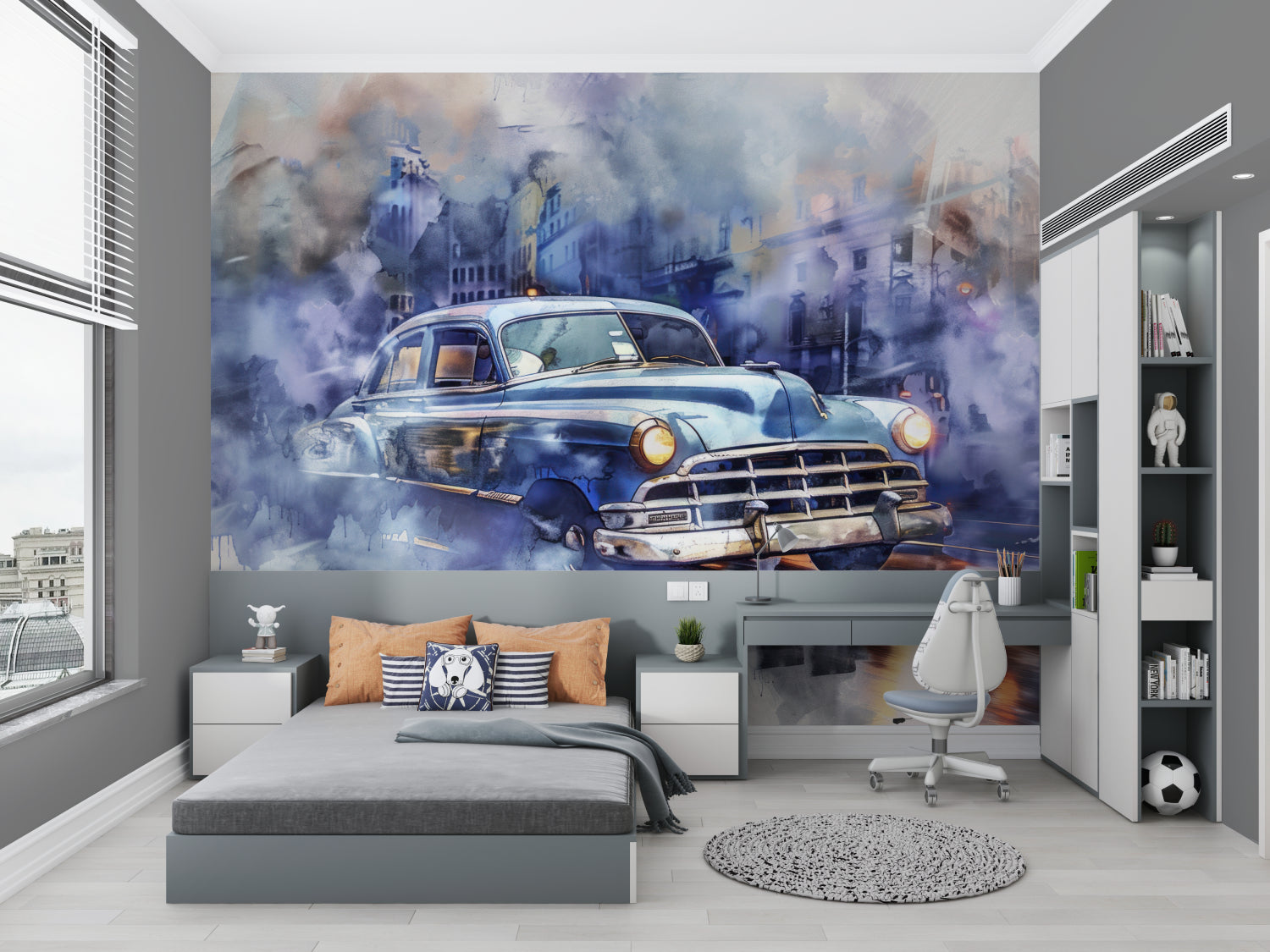 Retro car mural bringing sophistication to a gentleman's study