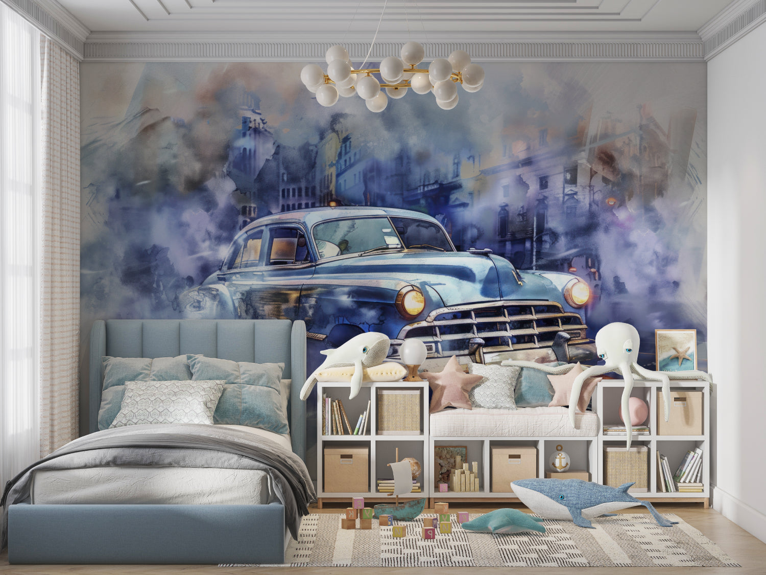 Classic auto wallpaper showcased in a modern apartment entrance