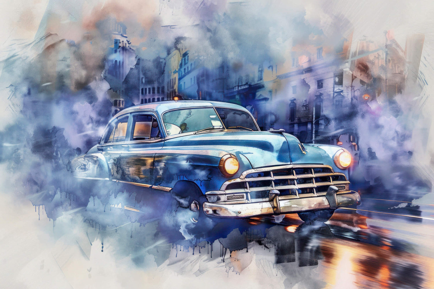 Design file showing detailed watercolor vintage car pattern with blue hues and urban backdrop