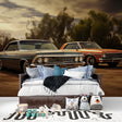 Vintage car mural wallpaper creating focal point in modern living room with classic American automobiles