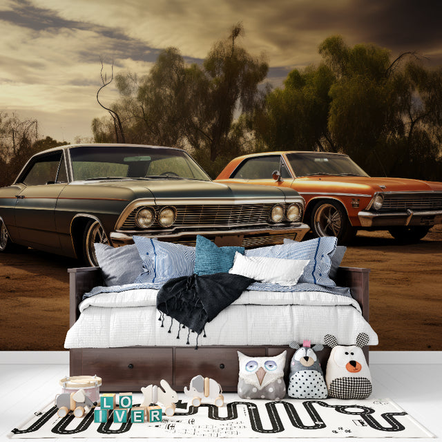 Vintage car mural wallpaper creating focal point in modern living room with classic American automobiles