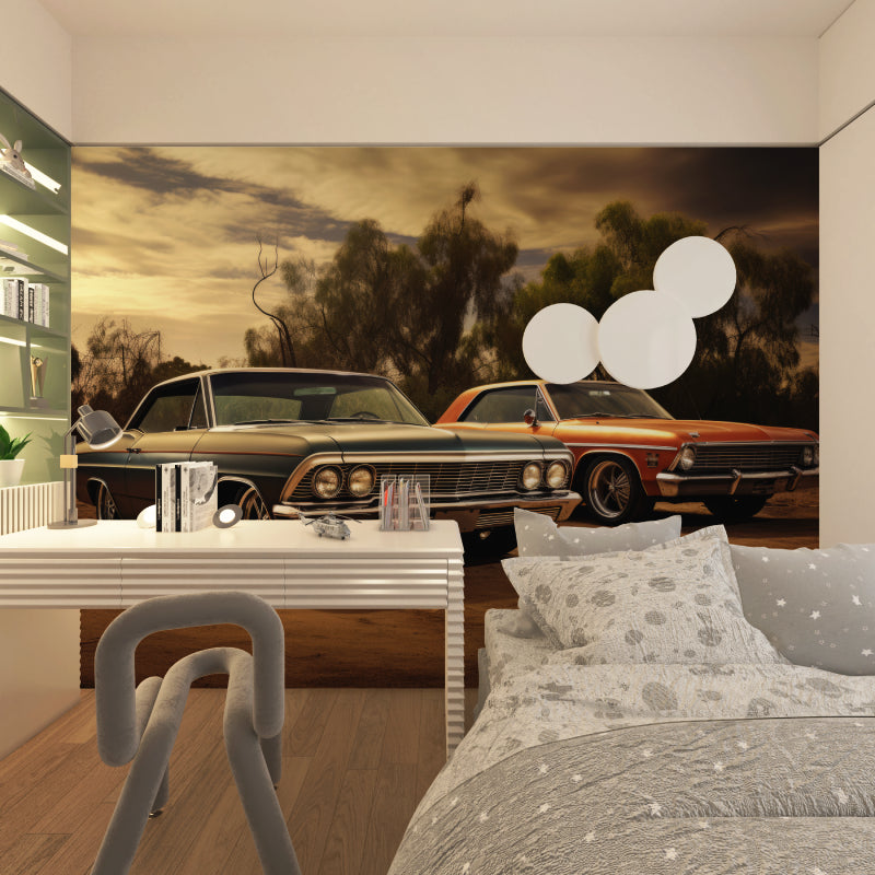 Classic car wallpaper displayed in teenage bedroom showing sunset scene