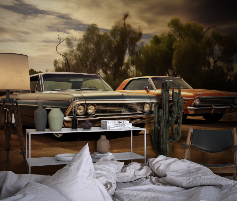 Automotive wallpaper in home office featuring vintage American cars