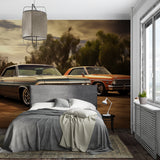 Classic car wall design transforming garage space with golden sunset