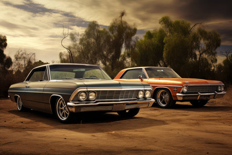 Design file showing detailed vintage car mural pattern with golden sunset background