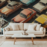 Vintage car wallpaper creating a bold statement wall in a modern living room with mid-century furniture