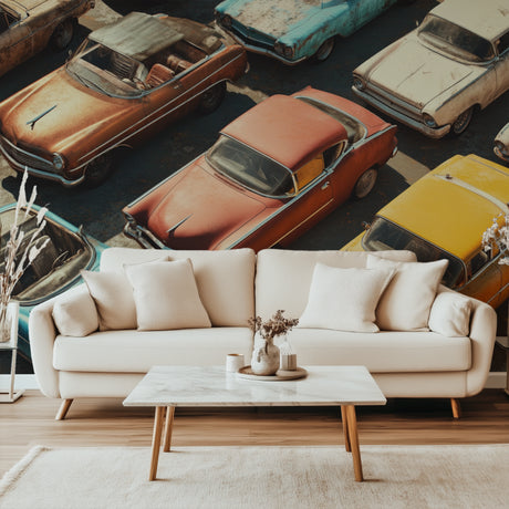 Vintage car wallpaper creating a bold statement wall in a modern living room with mid-century furniture
