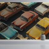 Classic car mural wallpaper installed in a stylish home office with warm lighting