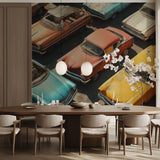 Retro automotive wallpaper bringing character to an industrial-style bedroom