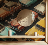 Classic car wallpaper transforming a modern dining room with copper accents