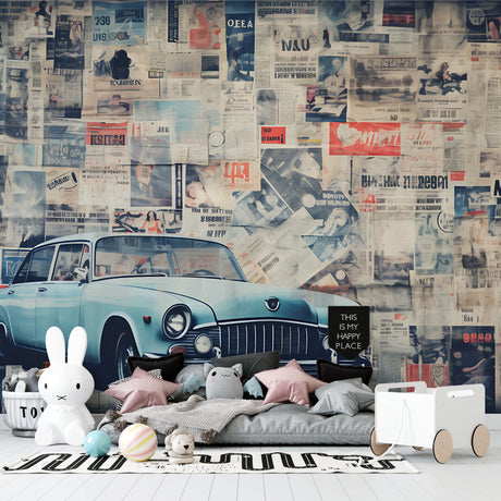 Vintage car wallpaper creating a striking focal point in a modern living room with blue and grey decor