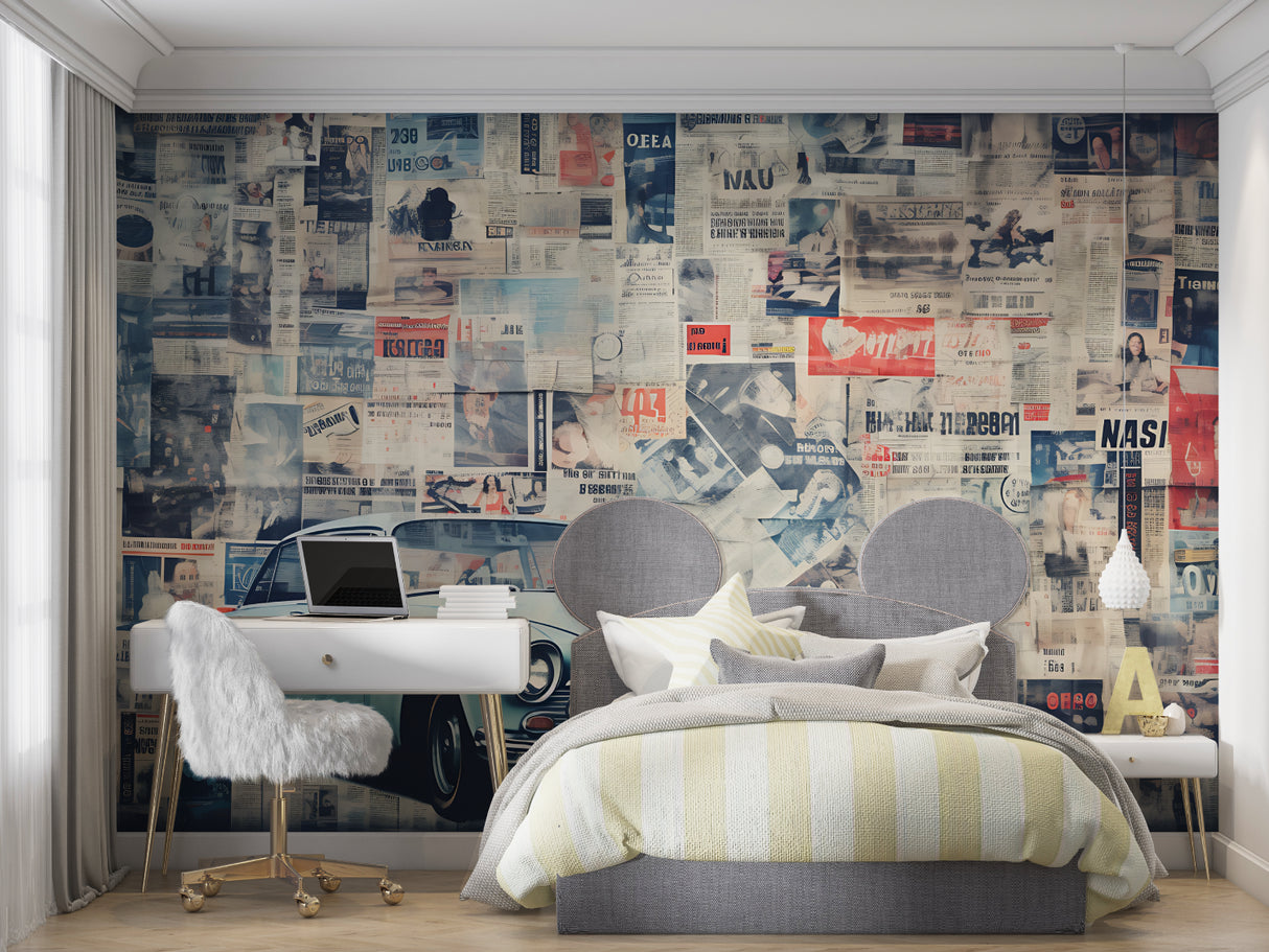 Classic car mural wallpaper displayed in a stylish home office with industrial furniture