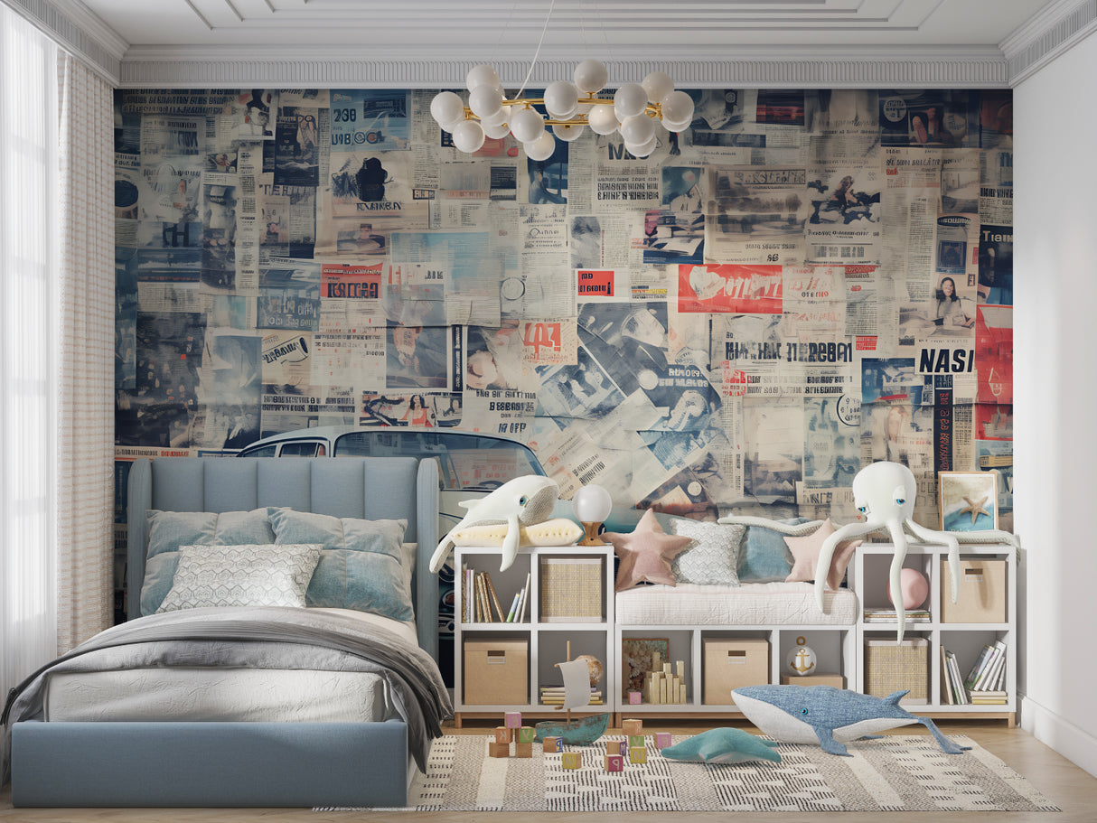 Retro automotive wallpaper bringing character to a teen bedroom with urban style