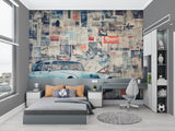 Vintage car wall mural showcased in a garage turned man cave