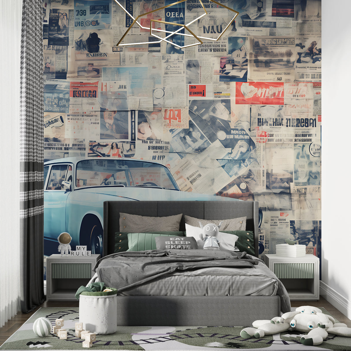 Classic automobile wallpaper adding personality to a contemporary dining space