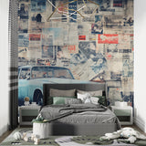 Classic automobile wallpaper adding personality to a contemporary dining space