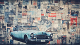 Design file showing vintage car pattern with urban newspaper collage elements