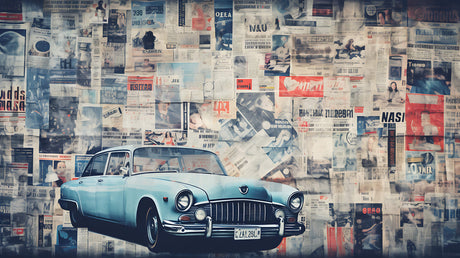 Design file showing vintage car pattern with urban newspaper collage elements