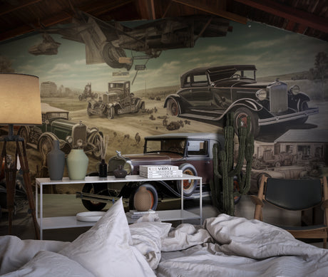 Vintage car wallpaper in modern living room showing classic automobiles against desert backdrop
