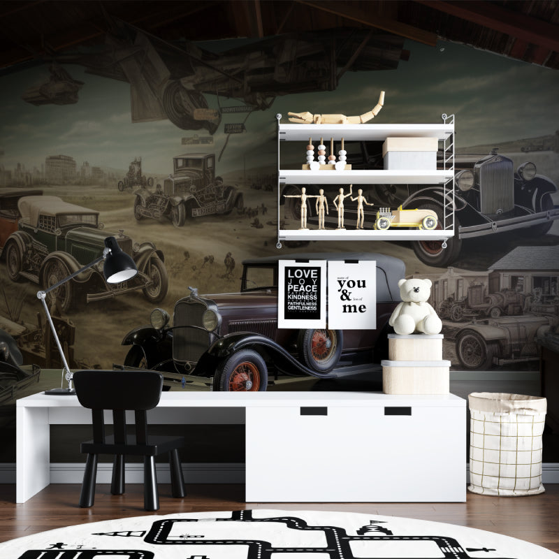 Classic car mural displayed in home office with retro automotive theme